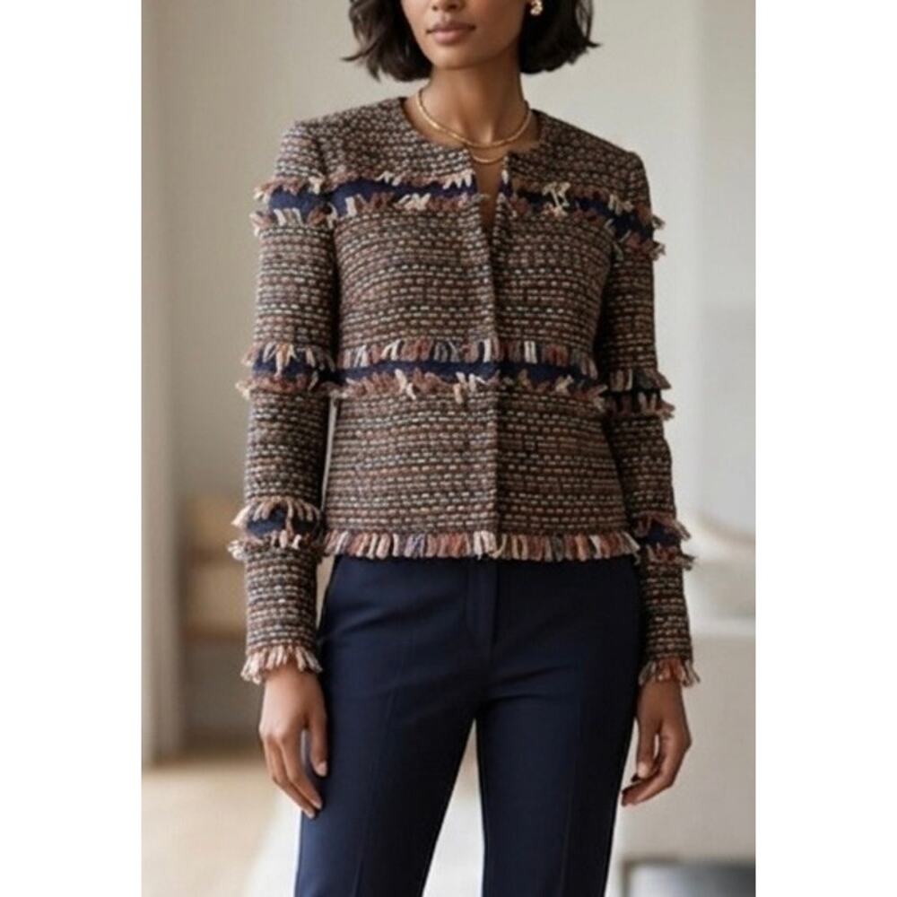 Tory Burch Boucle Tweed Fringe Trim Jacket Womens 6 Multicolor Blazer Career